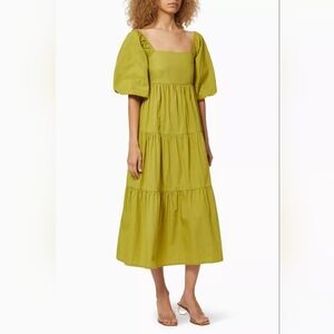 Faithfull The Brand Kiona Midi Olive Green Puff Sleeve Dress Size 2 100% Cotton‎